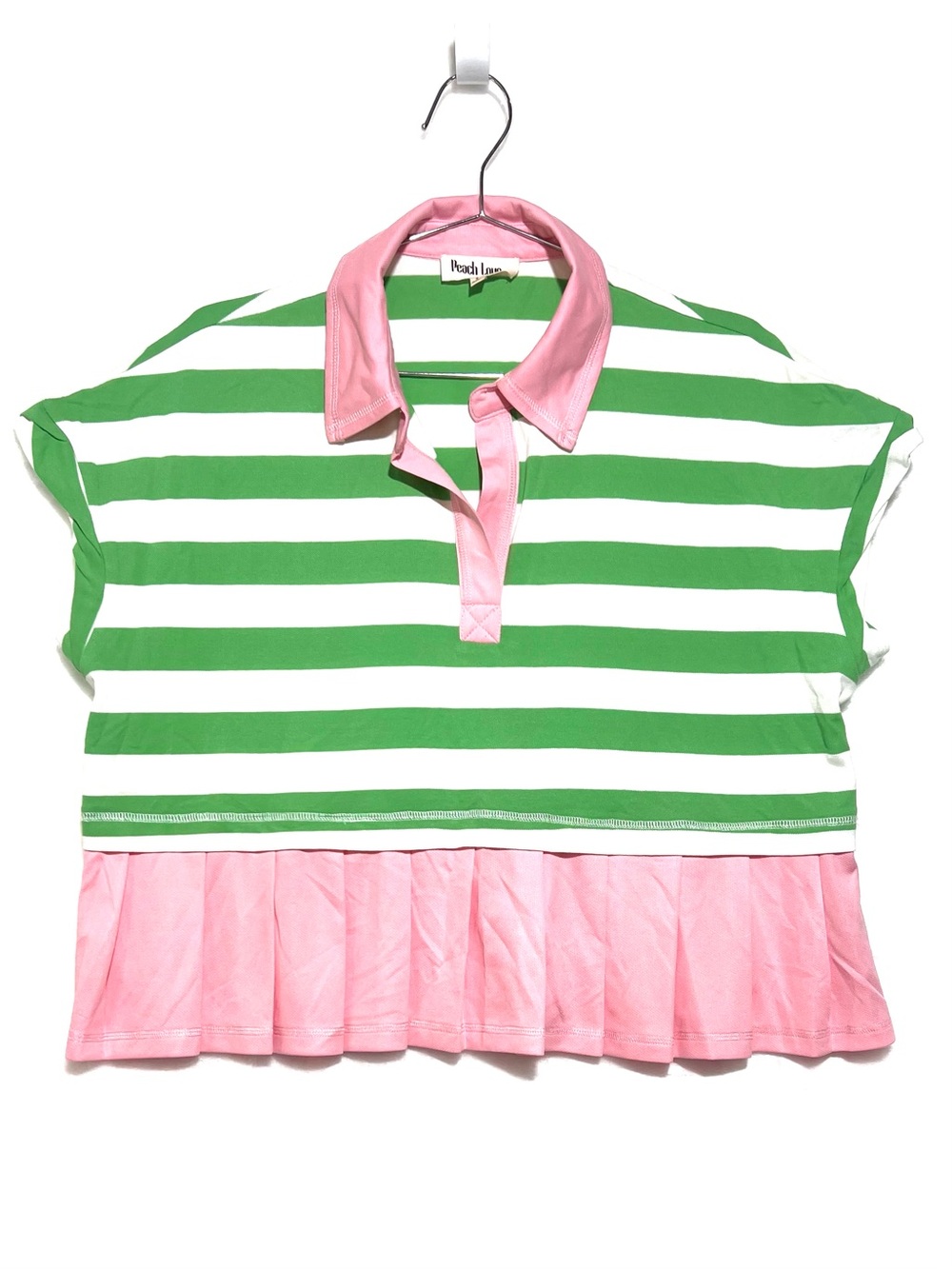 Peach Love California |  Green, White & Pink Striped Polo with Ruffle Hem | S